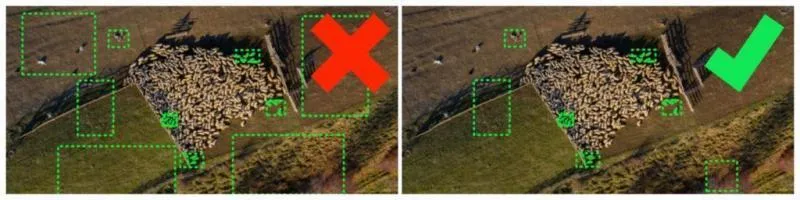 A screenshot showing what not to do on the left (imbalance between areas with annotations and areas without) versus what best to do on the right (a good variety of both)