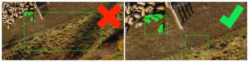 A screenshot showing what not to do on the left (large training areas with few annotations) versus what best to do on the right (annotations taking up more of the training space)