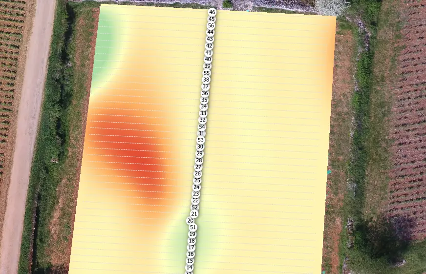 Screenshot of an interpolated map of vine vigor extracted from NDVI on the vines only. Red shows lower vigor zones while green has higher vigor zones.