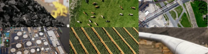 Collage of satellite and aerial imagery processed with GeoAI, showcasing multiple use cases from agriculture to urban planning.