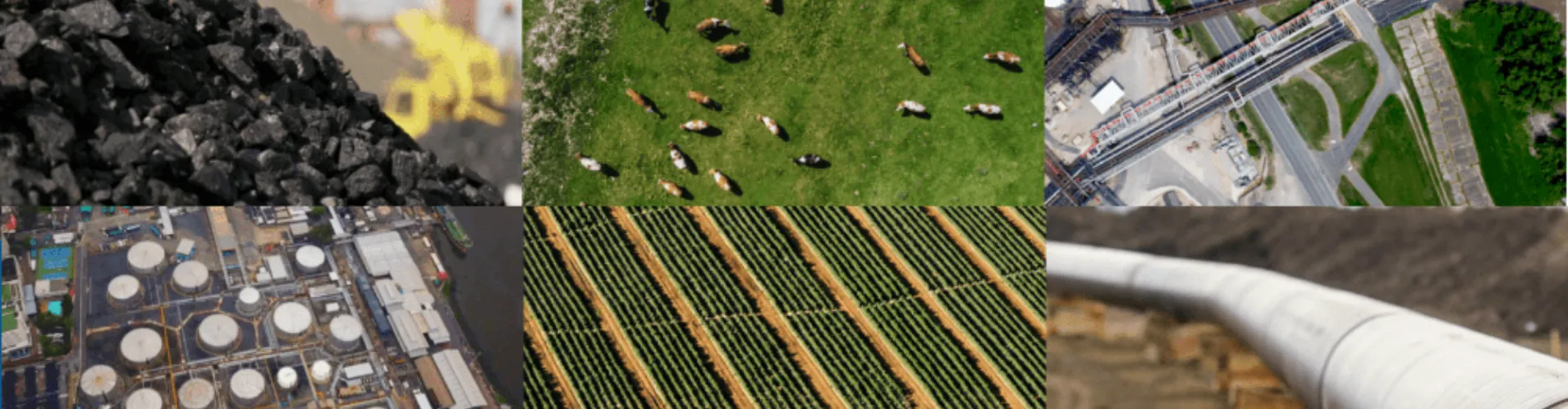 Collage of satellite and aerial imagery processed with GeoAI, showcasing multiple use cases from agriculture to urban planning.