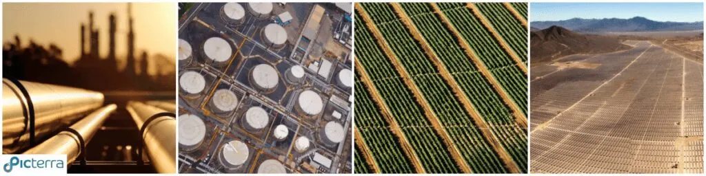 Four photos of aerial imagery (oil tanks, agriculture, solar panels)