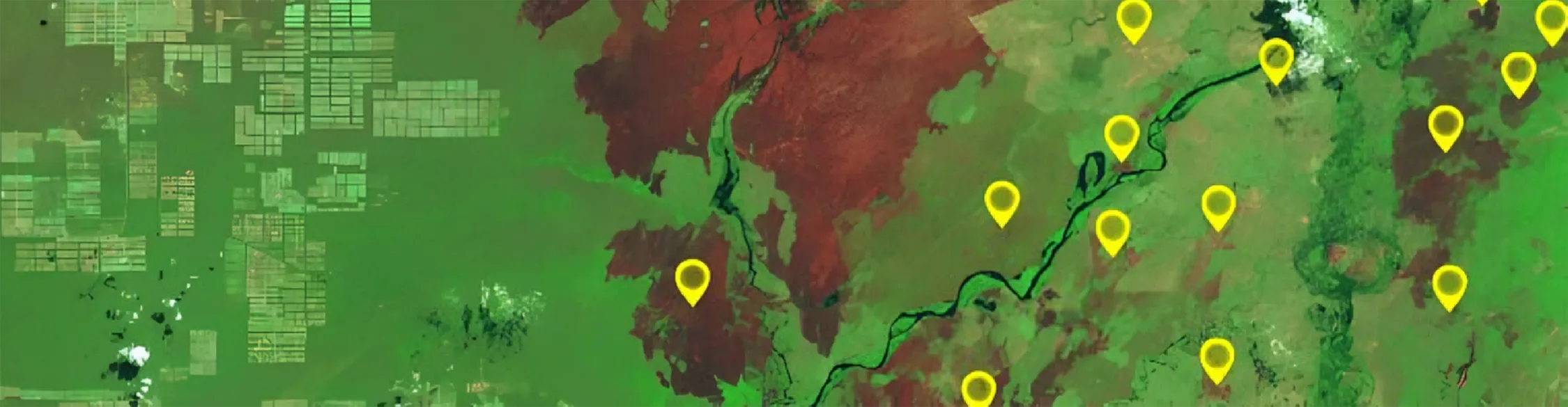 Satellite map view showing land use with multiple yellow location markers for environmental monitoring.