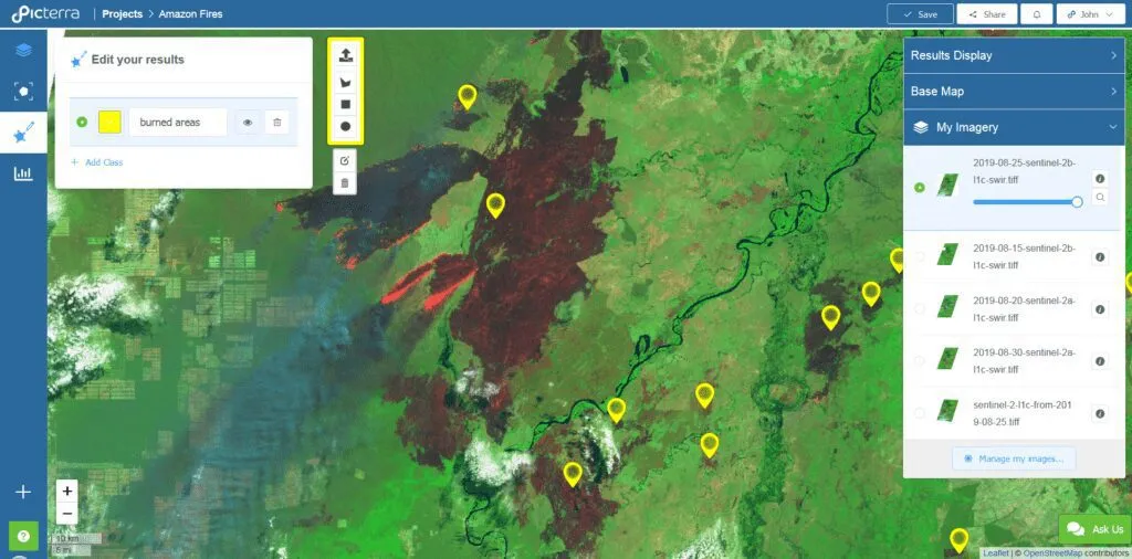 Picterra platform screenshot displaying analysis of burned areas in the Amazon with yellow markers on satellite imagery.