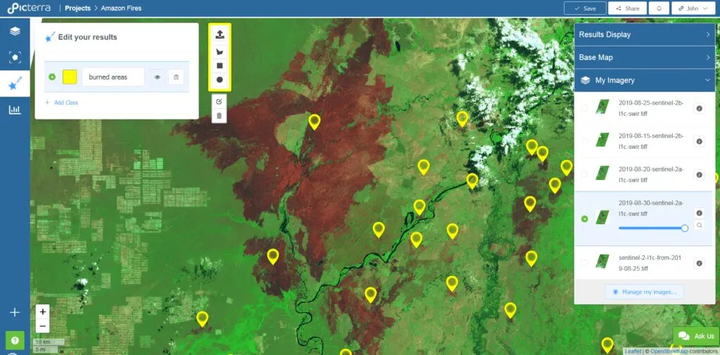 Picterra platform screenshot showing deforestation and fire monitoring in the Amazon using Sentinel imagery.