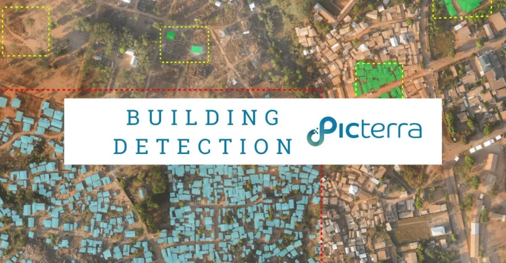 Graphic showing satellite imagery of detected buildings with a text overlay 'Building Detection, Picterra'