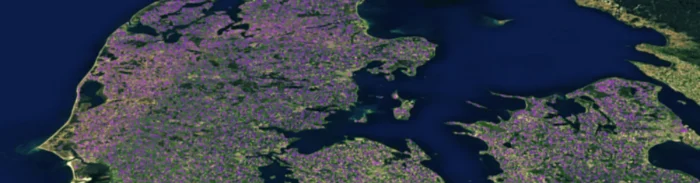 Satellite map of Denmark with agricultural areas highlighted for precision farming insights