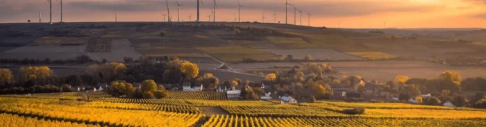 Sunset view of precision agriculture farmland with wind turbines and sustainable practices