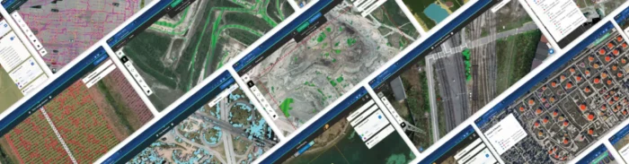 Collage of Picterra GeoAI platform screenshots analyzing different land use and industries