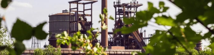 Industrial facility framed by trees highlighting balance of industry and environmental monitoring