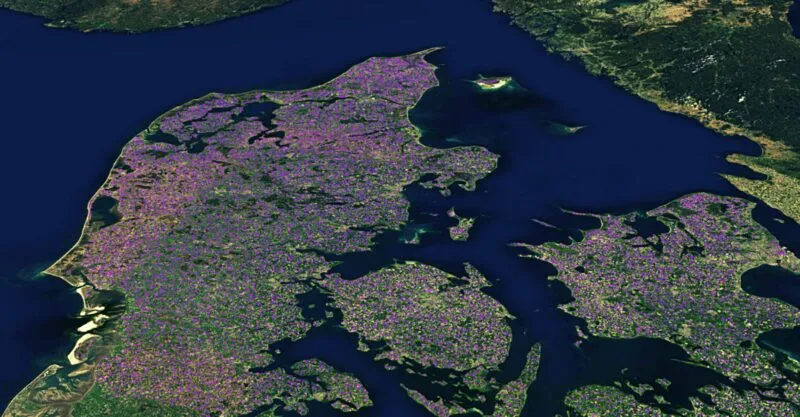 Satellite imagery showing the detection of 26,000 slurry tanks across Denmark