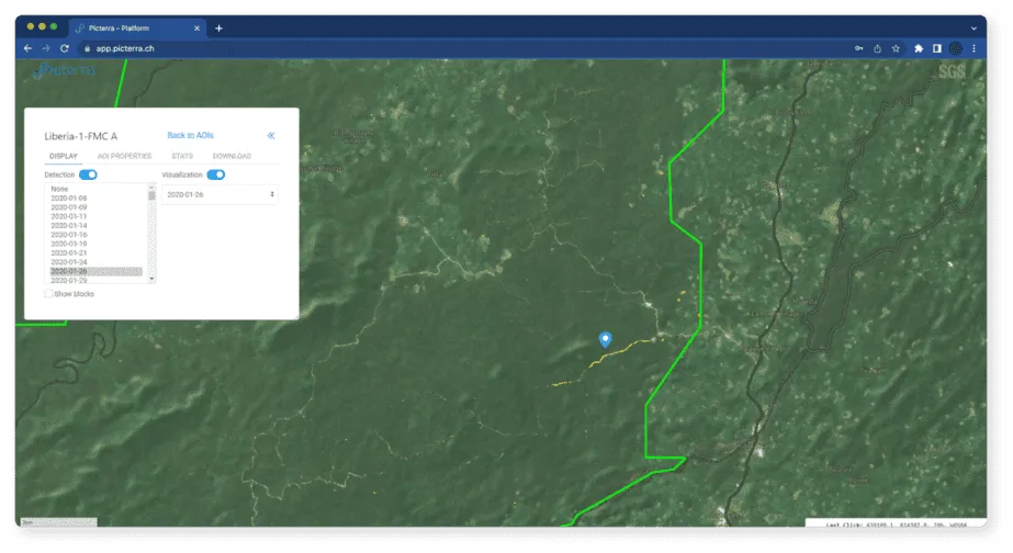 Screenshot of a web platform to visualize and manage deforestation detection results