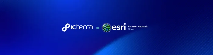 Picterra joins Esri Partner Network Silver announcement graphic with company logos on a blue gradient background