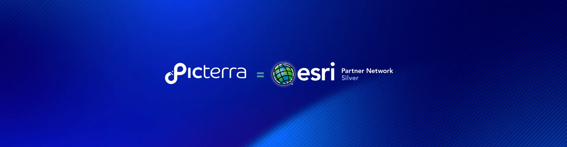 Picterra joins Esri Partner Network Silver announcement graphic with company logos on a blue gradient background
