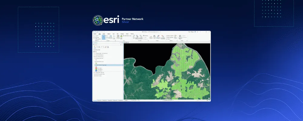 Esri Partner Network Silver graphic featuring ArcGIS software screenshot with land cover mapping and analysis