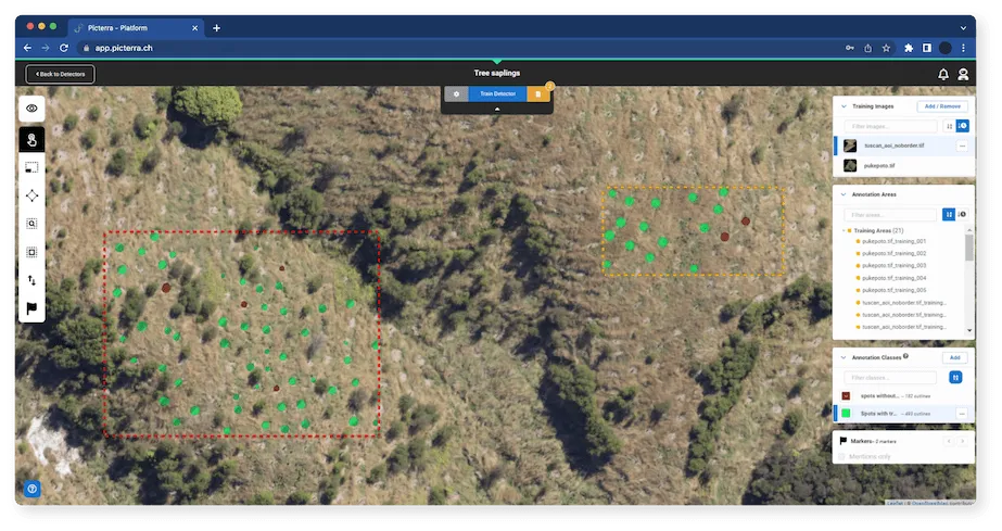 A screenshot of Picterra being used to verify carbon offsets