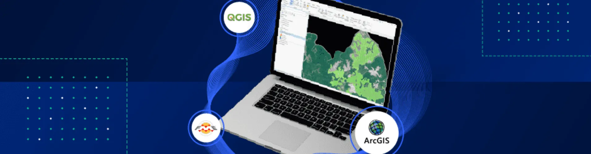Laptop showing Picterra integration with ArcGIS, QGIS, and FME logos