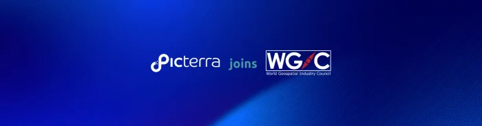 WGIC membership announcement graphic with text "Picterra joins WGIC to advance geospatial engagement & collaboration" over Earth view from space