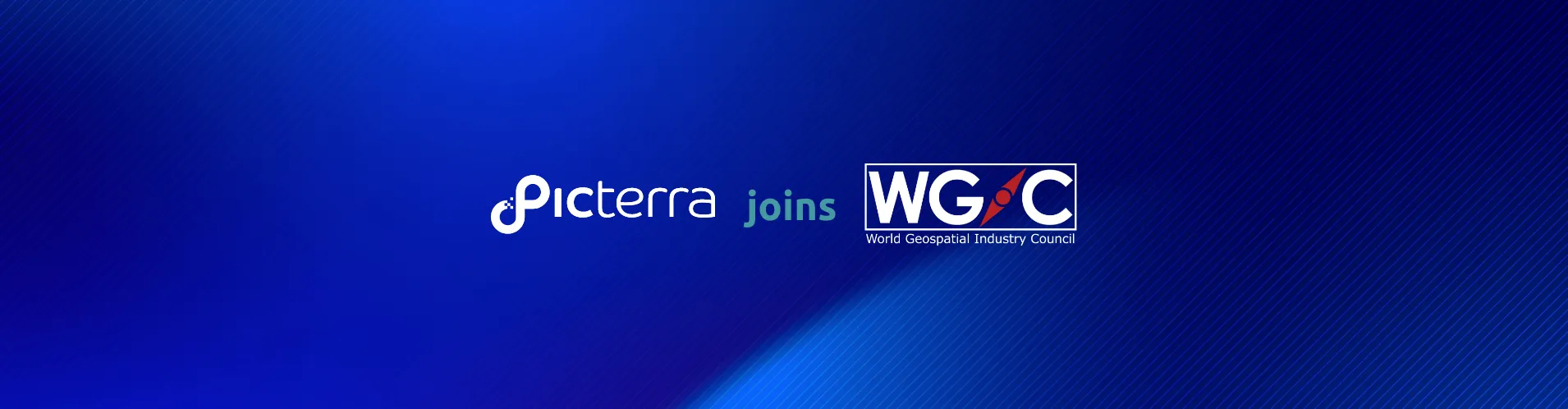 WGIC membership announcement graphic with text "Picterra joins WGIC to advance geospatial engagement & collaboration" over Earth view from space