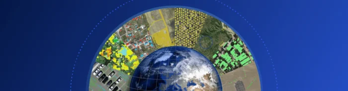 Globe surrounded by segmented maps with Picterra geospatial analytics