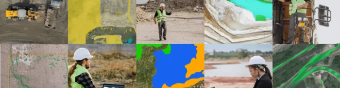 Collage of mining site workers and Picterra platform geospatial outputs