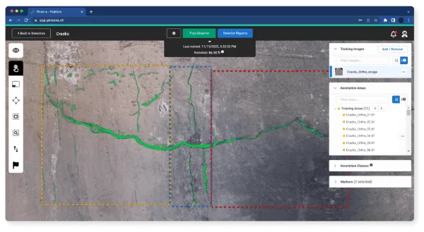 Screenshot of Picterra with a crack detector being used on a mining site