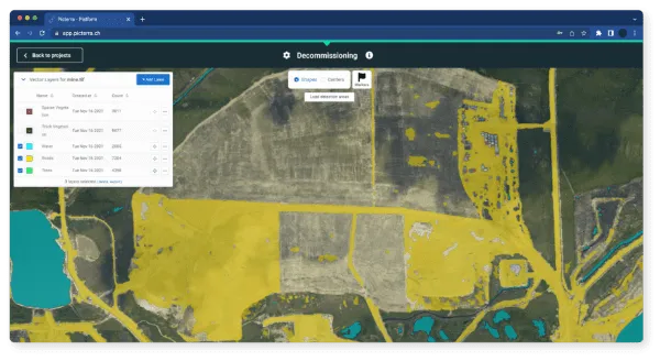 Screenshot of Picterra being used to evaluate decommissioning of a mining site