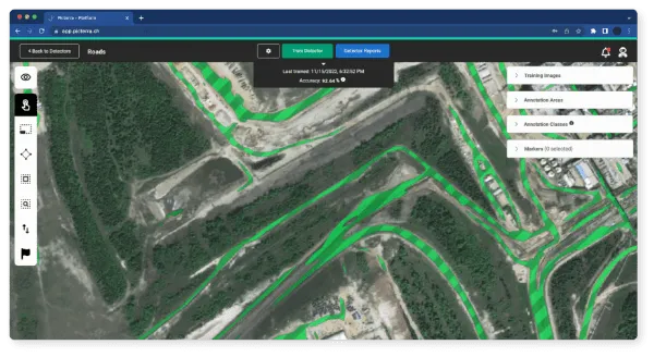 Screenshot of Picterra with a haul road detector being used on a mining site