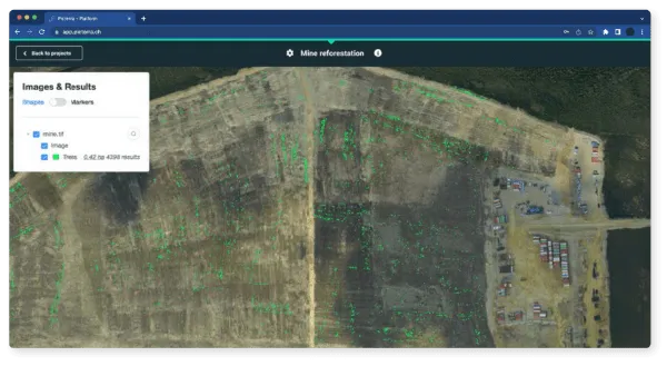 Screenshot of Picterra with a reforestation detector being used on a mining site