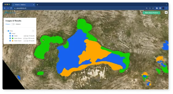 Screenshot of Picterra showing a waterbody detector being used on a mining site