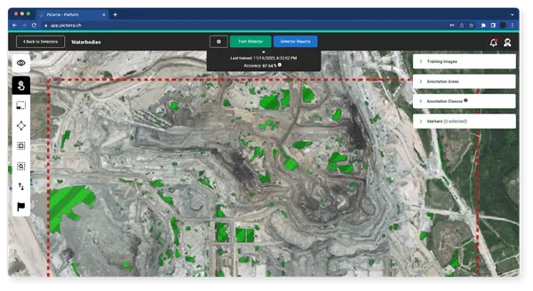 Screenshot of Picterra with a waterbody detector being used on a mining site