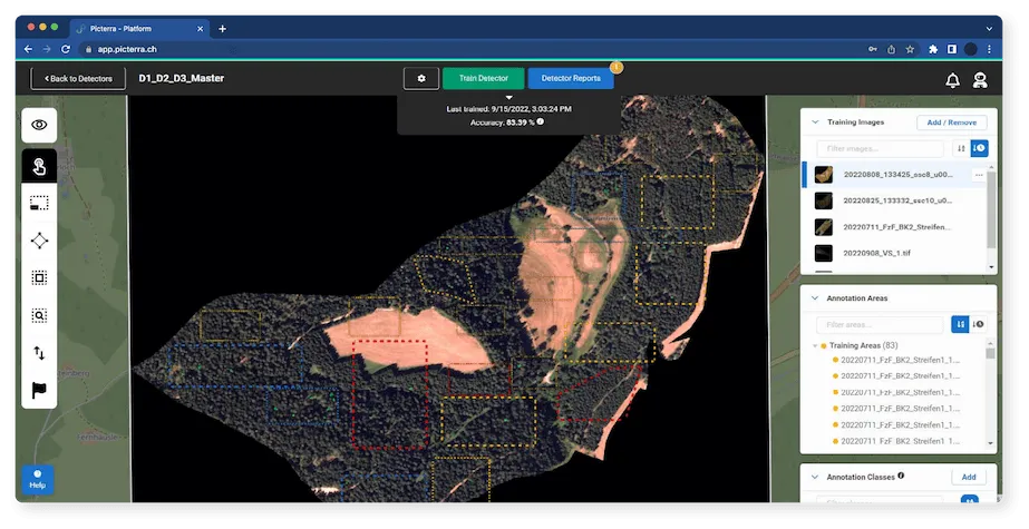 Screenshot of Picterra being used for land use change detection