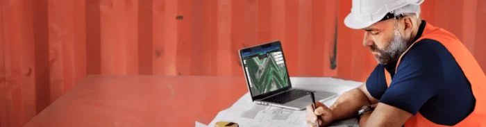 Construction worker in helmet and vest reviewing site plans with Picterra geospatial platform on laptop