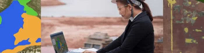 Field engineer wearing helmet using Picterra platform outdoors to map water bodies and land cover