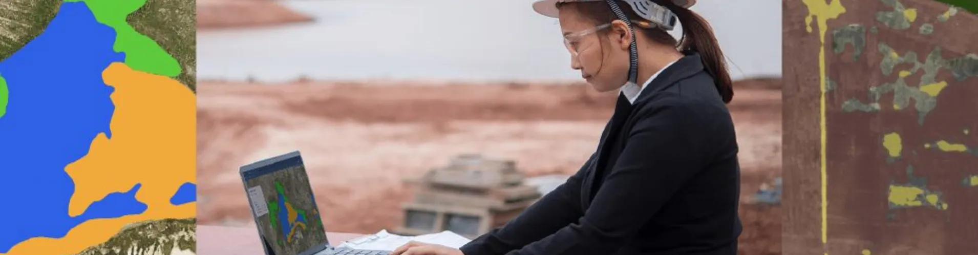 Field engineer wearing helmet using Picterra platform outdoors to map water bodies and land cover
