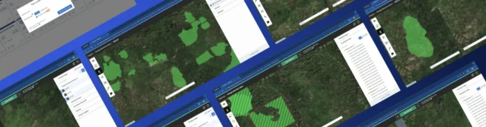 Collage of Picterra platform screenshots showing land cover classification and change detection with highlighted green areas.