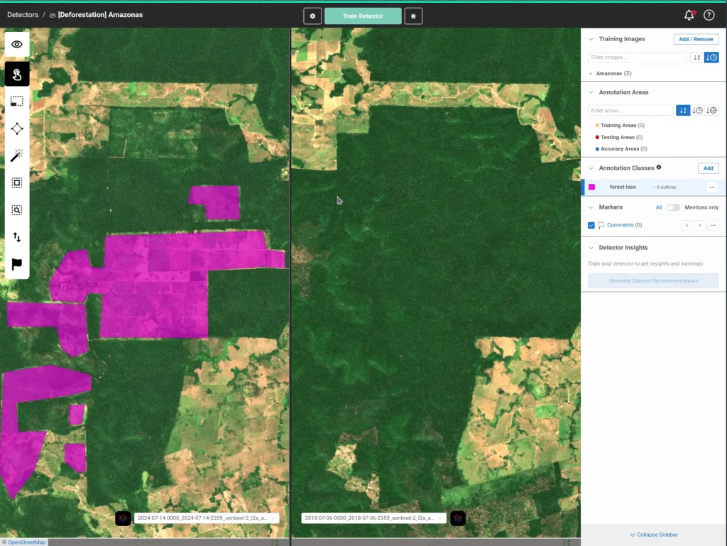 A screenshot of Picterra Forge showing split view with RGB imagery