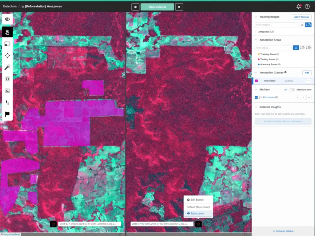 A screenshot of Picterra Forge showing split view with false color visualization