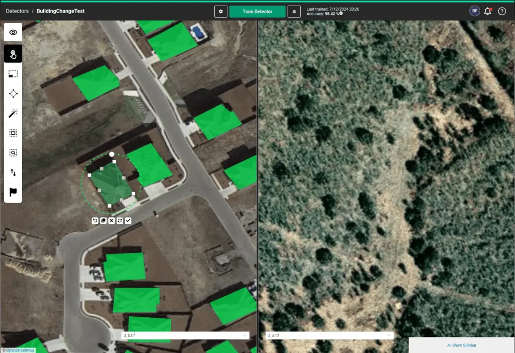 A screenshot of Picterra Forge showing split view and annotations
