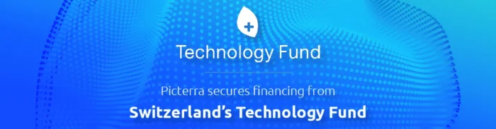 Graphic announcing Picterra secures financing from Switzerland’s Technology Fund with blue background
