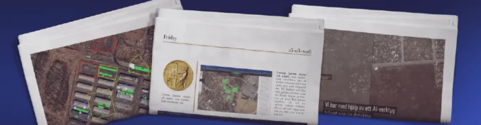 Stack of newspapers featuring Picterra platform satellite imagery analysis on the front page