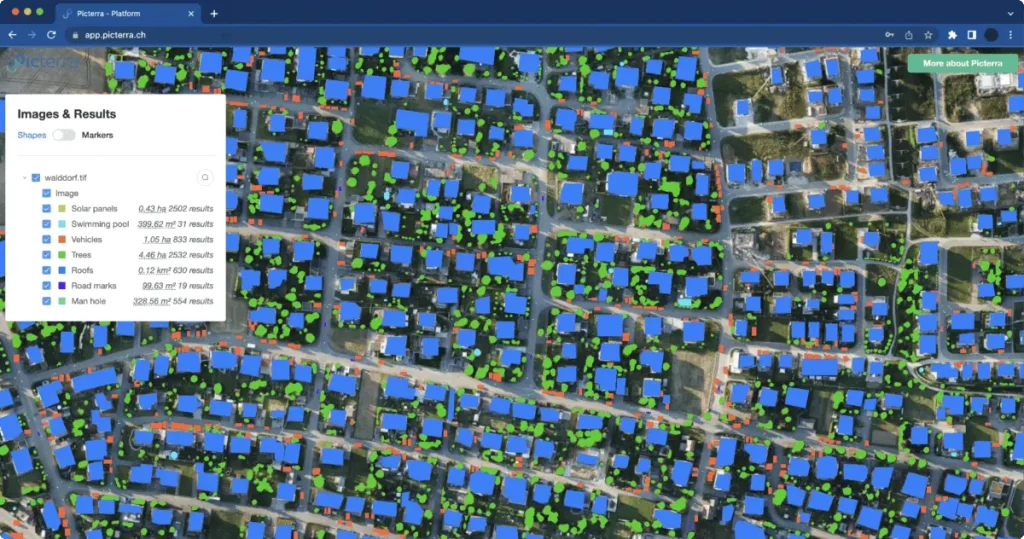A screenshot of Picterra Forge showing how to export detection results as a report