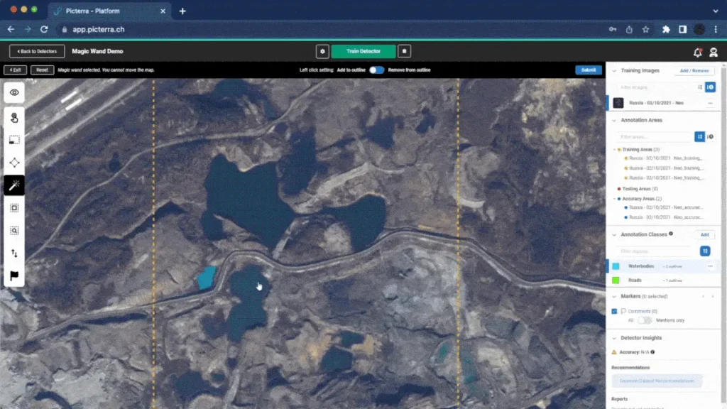 A screenshot of Picterra Forge showing how to train a custom GeoAI model