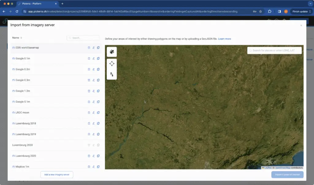 A screenshot of Picterra Forge showing how to import imagery from an imagery server