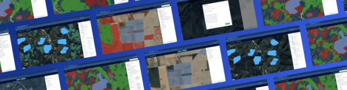 Collage of Picterra Tracer platform screenshots showing land monitoring, polygons, and classification maps in blue, red, and green.