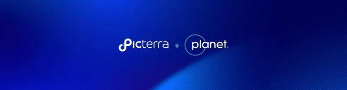Picterra and Planet partnership graphic with both company logos on a blue gradient background