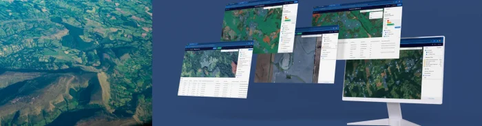 Composite image showing aerial farmland alongside multiple computer screens with Picterra Tracer interface for geospatial monitoring and compliance analysis