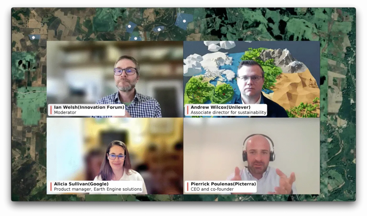 Screenshot of a virtual panel on sustainability and compliance featuring speakers from Innovation Forum, Unilever, Google, and Picterra.
