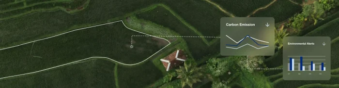Aerial view of farmland with carbon emission and environmental alerts dashboards overlayed for monitoring.