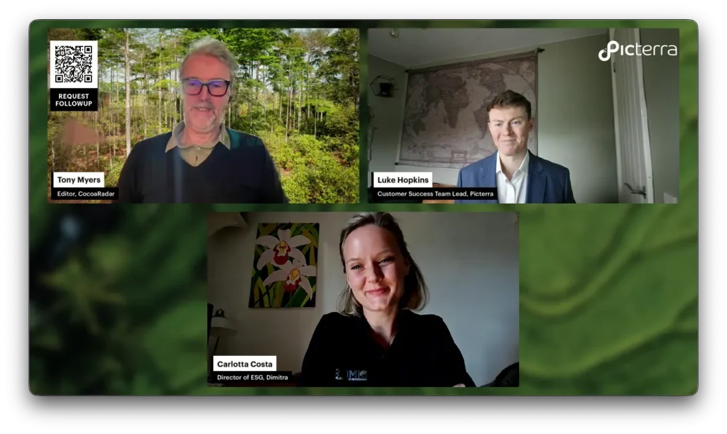 Video call layout showing three speakers from a regenerative agriculture discussion: Tony Myers (CocoaRadar) in the top left, Luke Hopkins (Picterra) in the top right, and Carlotta Costa (Dimitra) centered below, each in their respective home or office backgrounds with Picterra branding visible.